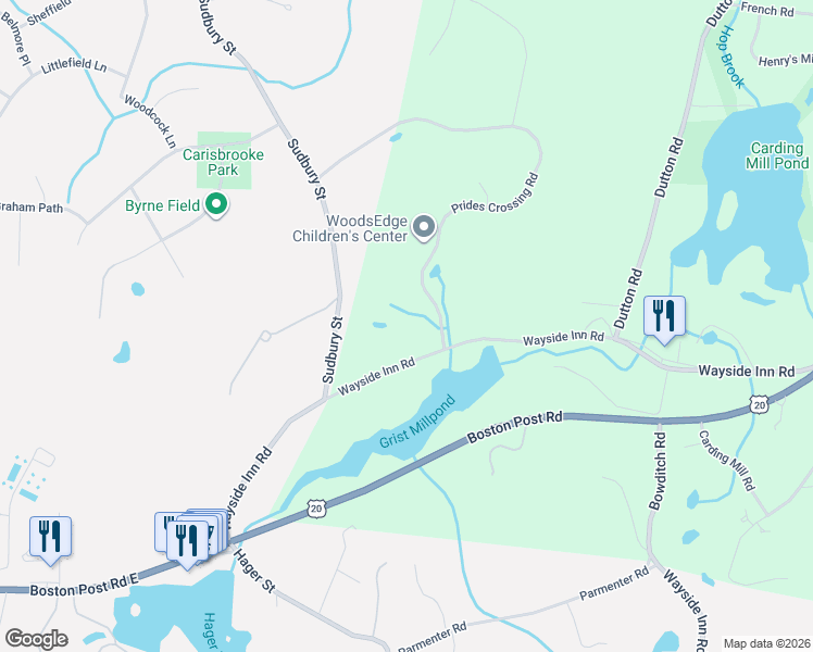 map of restaurants, bars, coffee shops, grocery stores, and more near 188 Wayside Inn Road in Sudbury
