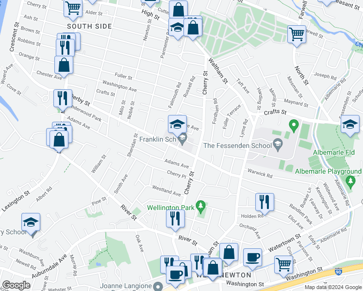 map of restaurants, bars, coffee shops, grocery stores, and more near 125 Derby Street in Newton
