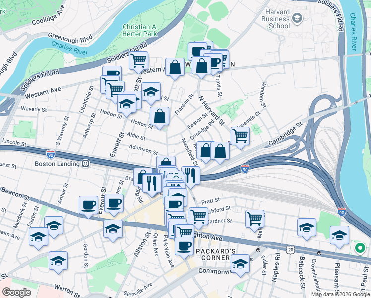 map of restaurants, bars, coffee shops, grocery stores, and more near 38 Mansfield Street in Boston