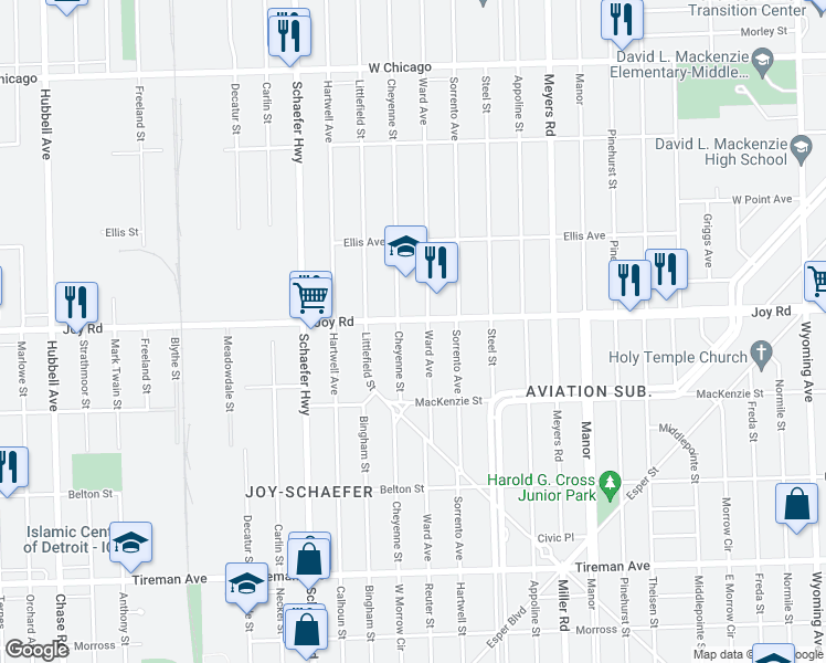 map of restaurants, bars, coffee shops, grocery stores, and more near 13111 Joy Road in Detroit