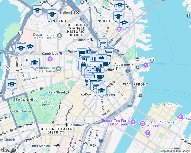 map of restaurants, bars, coffee shops, grocery stores, and more near 1 Devonshire Place in Boston