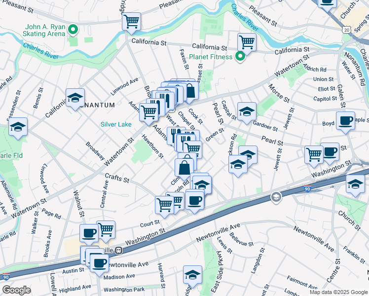 map of restaurants, bars, coffee shops, grocery stores, and more near 206 Adams Street in Newton