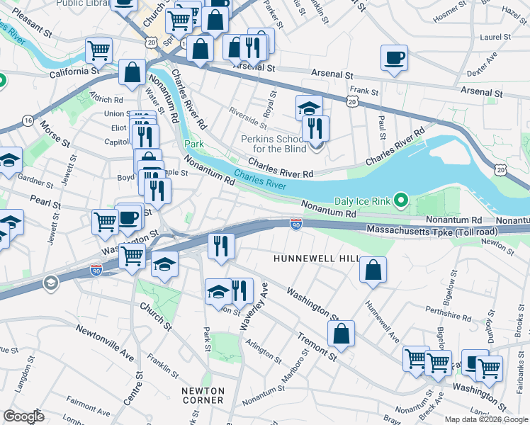 map of restaurants, bars, coffee shops, grocery stores, and more near 43A Charlesbank Road in Newton