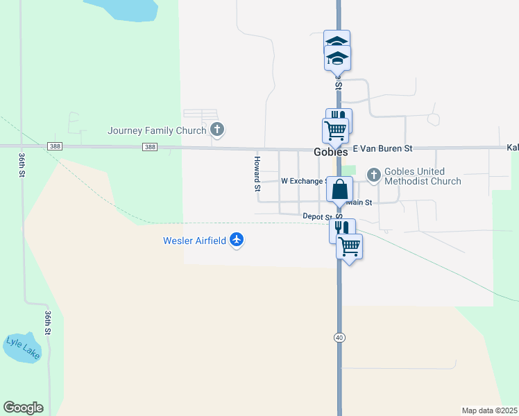 map of restaurants, bars, coffee shops, grocery stores, and more near 409 Main Street in Gobles