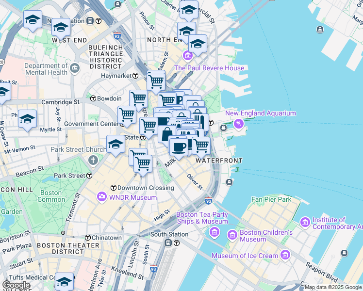 map of restaurants, bars, coffee shops, grocery stores, and more near 40 Broad Street in Boston
