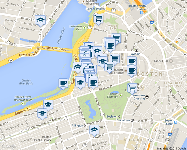 map of restaurants, bars, coffee shops, grocery stores, and more near in Boston