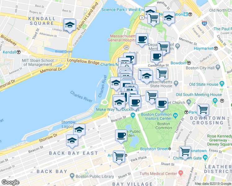 map of restaurants, bars, coffee shops, grocery stores, and more near 94 Pinckney Street in Boston