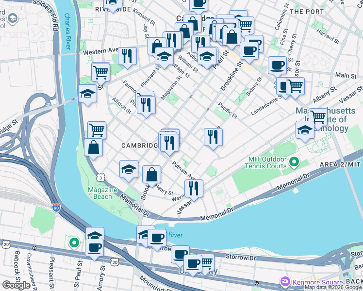 map of restaurants, bars, coffee shops, grocery stores, and more near 137 Allston Street in Cambridge