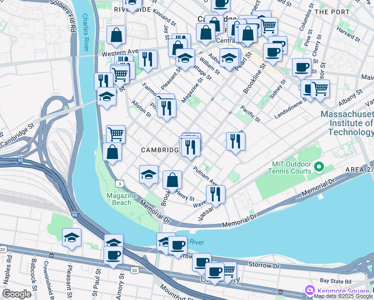 map of restaurants, bars, coffee shops, grocery stores, and more near in Cambridge