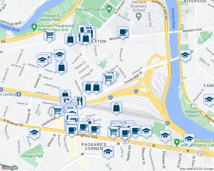 map of restaurants, bars, coffee shops, grocery stores, and more near 76 Empire Street in Boston