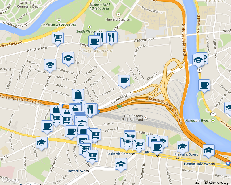 map of restaurants, bars, coffee shops, grocery stores, and more near 76 Empire Street in Boston