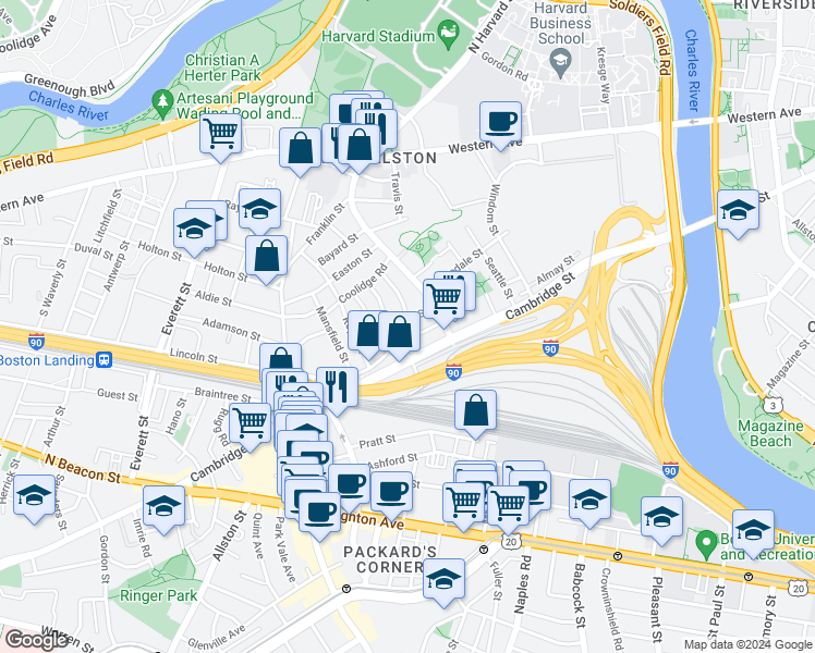 map of restaurants, bars, coffee shops, grocery stores, and more near 40 Hooker Street in Boston