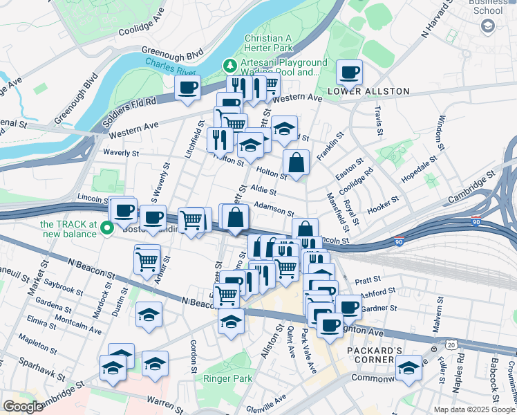 map of restaurants, bars, coffee shops, grocery stores, and more near 16 Adamson Street in Boston
