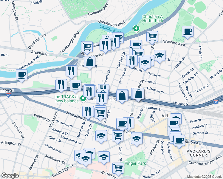map of restaurants, bars, coffee shops, grocery stores, and more near 6 Litchfield Street in Boston