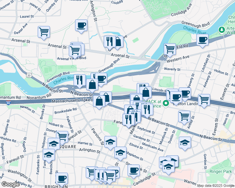 map of restaurants, bars, coffee shops, grocery stores, and more near 97-135 Leo M Birmingham Parkway in Boston