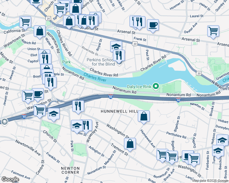 map of restaurants, bars, coffee shops, grocery stores, and more near 9 Charlesbank Road in Newton