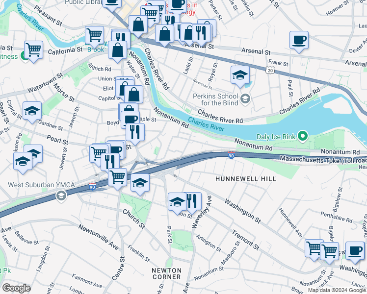 map of restaurants, bars, coffee shops, grocery stores, and more near 106 Charlesbank Road in Newton
