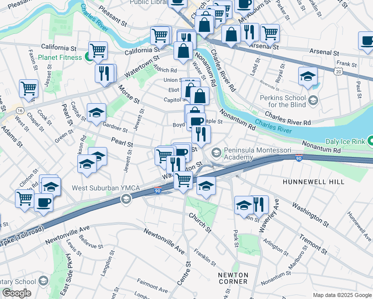 map of restaurants, bars, coffee shops, grocery stores, and more near 261 Centre Street in Newton