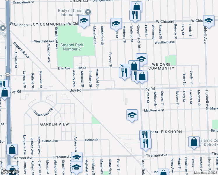 map of restaurants, bars, coffee shops, grocery stores, and more near 15860 Joy Road in Detroit
