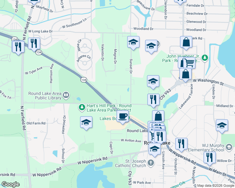 map of restaurants, bars, coffee shops, grocery stores, and more near 542 North Carol Lane in Round Lake