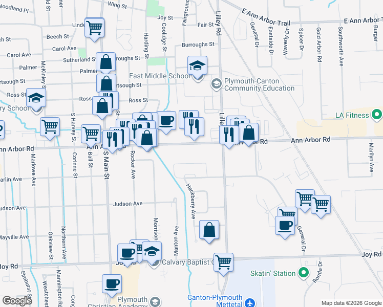 map of restaurants, bars, coffee shops, grocery stores, and more near 217 Ann Arbor Road in Plymouth