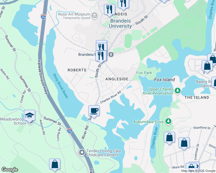 map of restaurants, bars, coffee shops, grocery stores, and more near 81 Charlesbank Way in Waltham