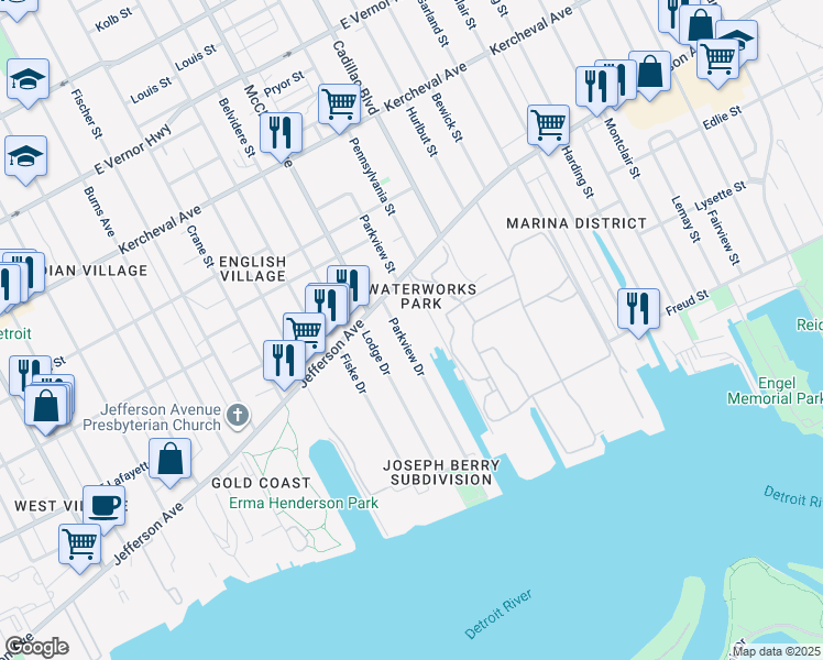 map of restaurants, bars, coffee shops, grocery stores, and more near 550 Parkview Drive in Detroit