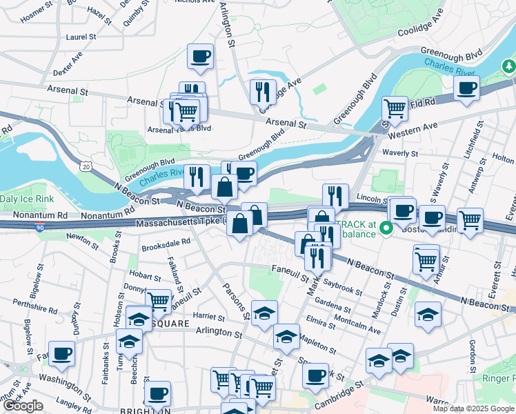 map of restaurants, bars, coffee shops, grocery stores, and more near Leo M Birmingham Parkway in Boston