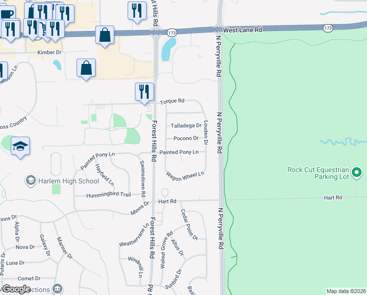 map of restaurants, bars, coffee shops, grocery stores, and more near 5370 Painted Pony Lane in Loves Park