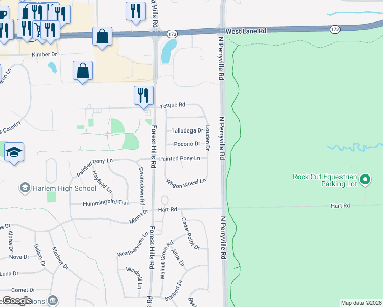 map of restaurants, bars, coffee shops, grocery stores, and more near 5370 Painted Pony Lane in Loves Park