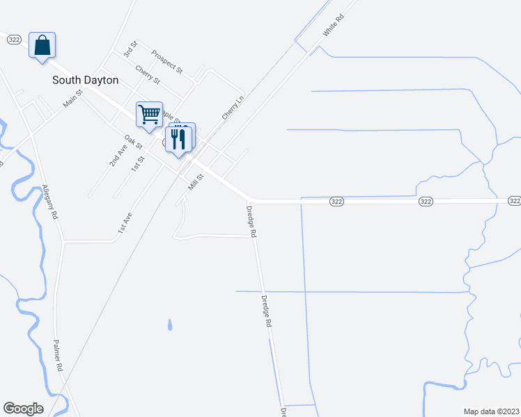 map of restaurants, bars, coffee shops, grocery stores, and more near 33 Pine Street in South Dayton