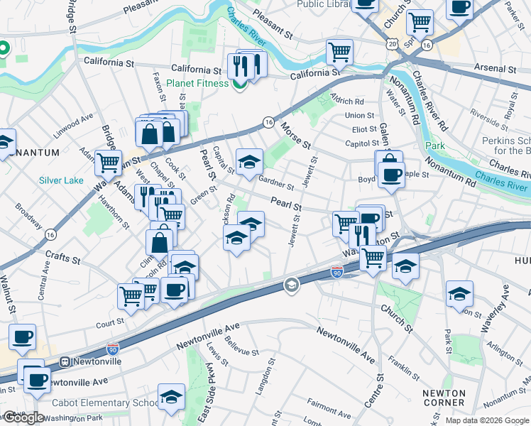 map of restaurants, bars, coffee shops, grocery stores, and more near 93 Waban Park in Newton