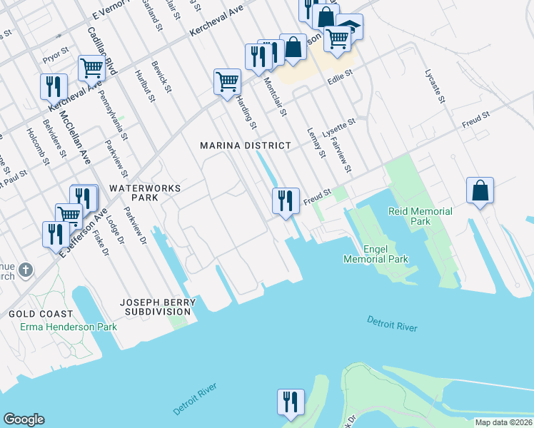 map of restaurants, bars, coffee shops, grocery stores, and more near 464 Marquette Drive in Detroit