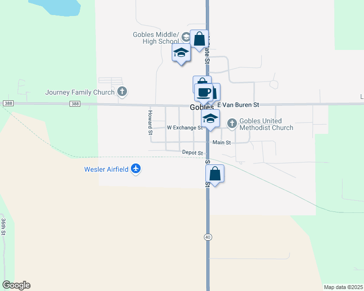 map of restaurants, bars, coffee shops, grocery stores, and more near 215 West Main Street in Gobles