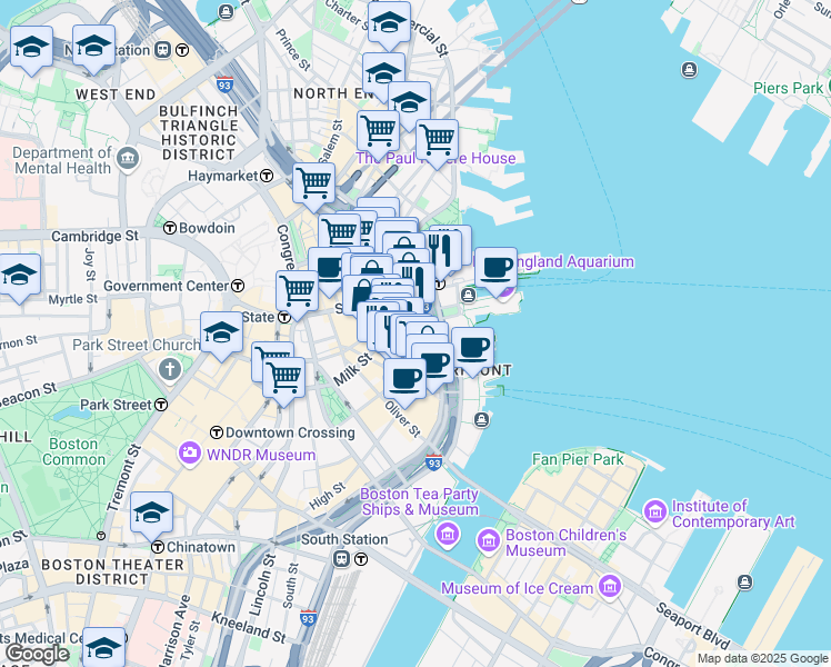 map of restaurants, bars, coffee shops, grocery stores, and more near 74-8 Milk Street in Boston