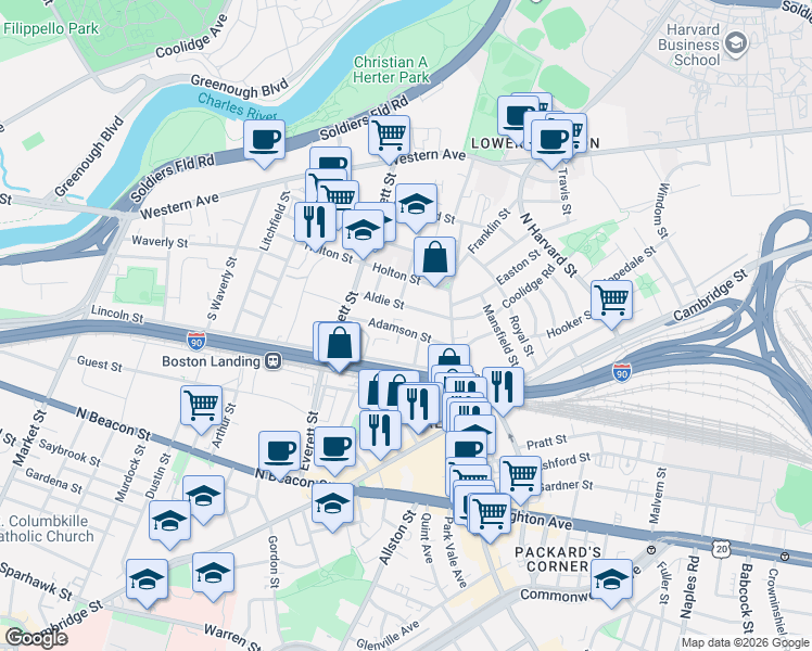 map of restaurants, bars, coffee shops, grocery stores, and more near 53 Aldie Street in Boston