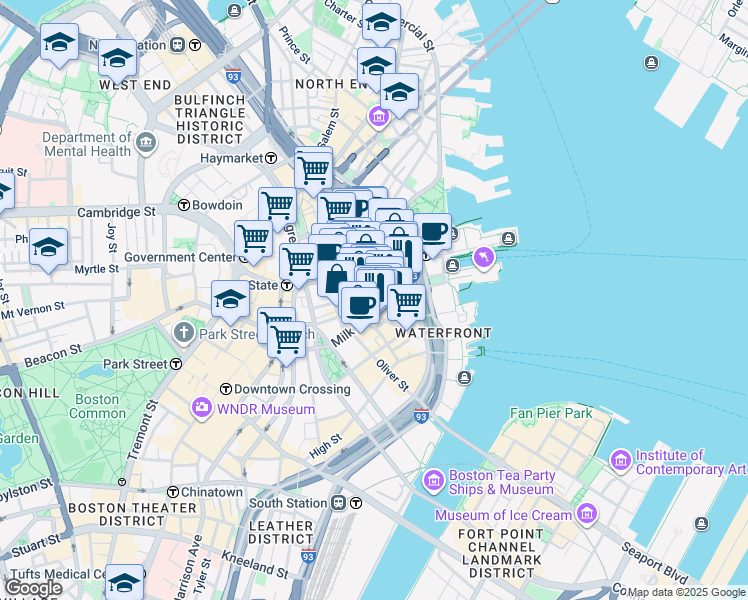 map of restaurants, bars, coffee shops, grocery stores, and more near 40 Broad Street in Boston
