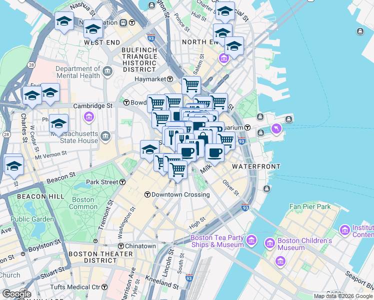 map of restaurants, bars, coffee shops, grocery stores, and more near 48 State Street in Boston