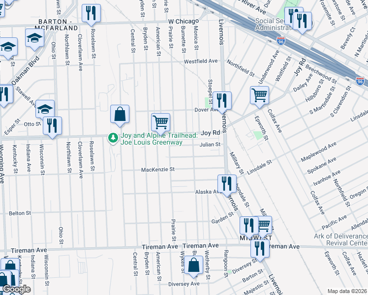 map of restaurants, bars, coffee shops, grocery stores, and more near 7139 Julian Street in Detroit