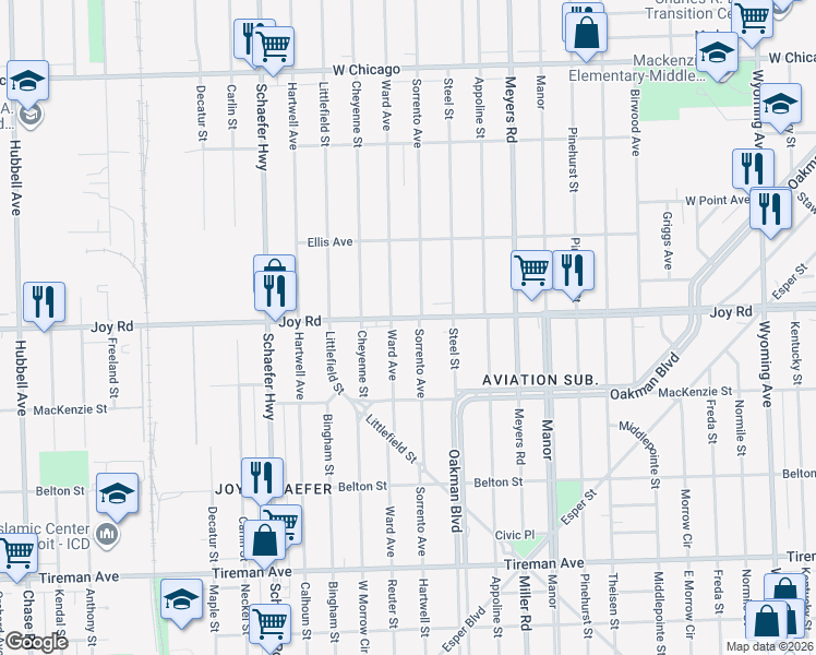 map of restaurants, bars, coffee shops, grocery stores, and more near 13027 Joy Rd in Detroit