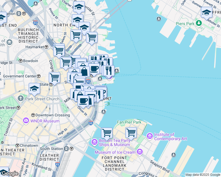 map of restaurants, bars, coffee shops, grocery stores, and more near 85 East India Row in Boston