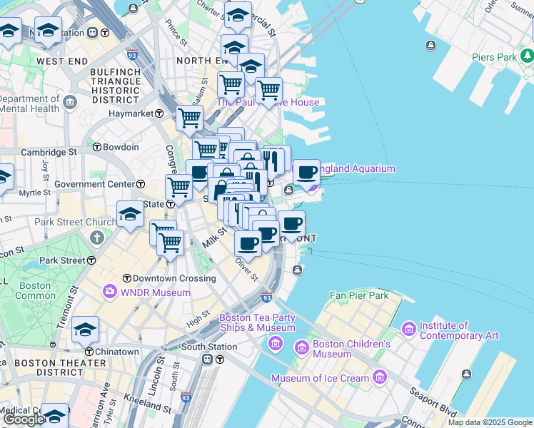 map of restaurants, bars, coffee shops, grocery stores, and more near 74-8 Milk Street in Boston