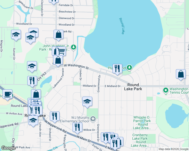 map of restaurants, bars, coffee shops, grocery stores, and more near 3 West Washington Street in Round Lake