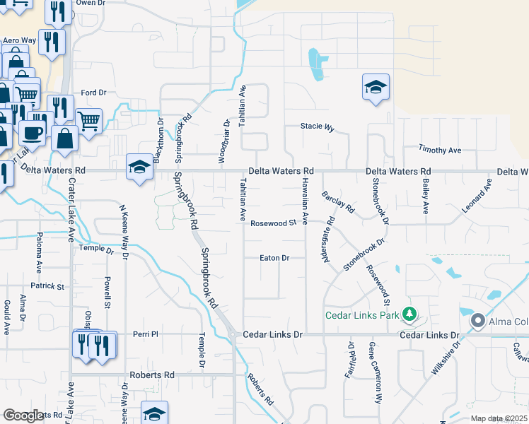 map of restaurants, bars, coffee shops, grocery stores, and more near 2556 Delmar Way in Medford