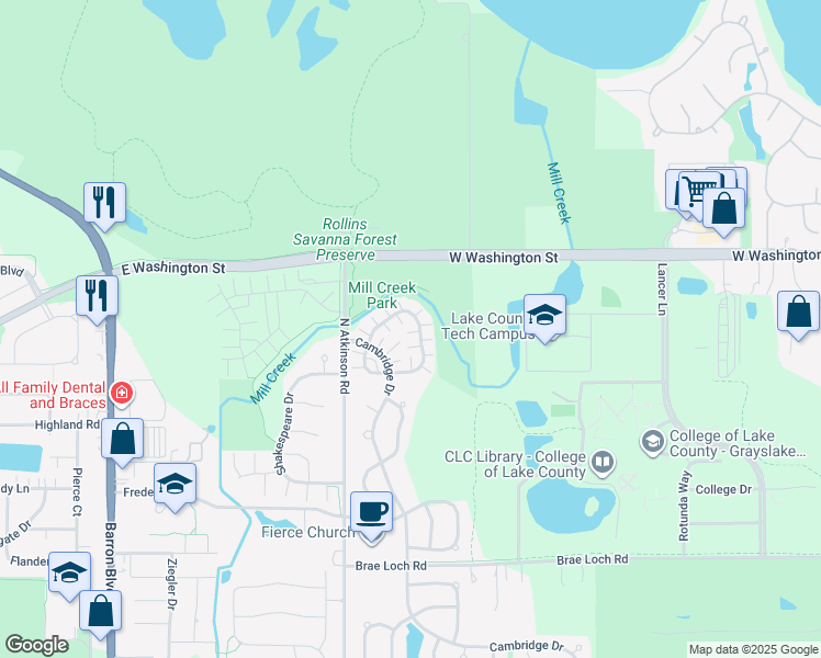 map of restaurants, bars, coffee shops, grocery stores, and more near 1004 Manchester Circle in Grayslake