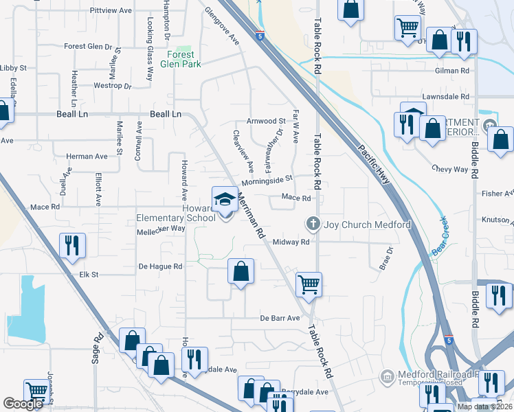 map of restaurants, bars, coffee shops, grocery stores, and more near 2798 Merriman Rd in Medford