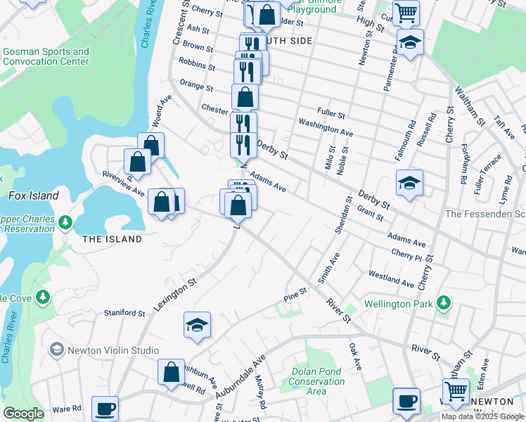 map of restaurants, bars, coffee shops, grocery stores, and more near 51 Whitlowe Road in Newton
