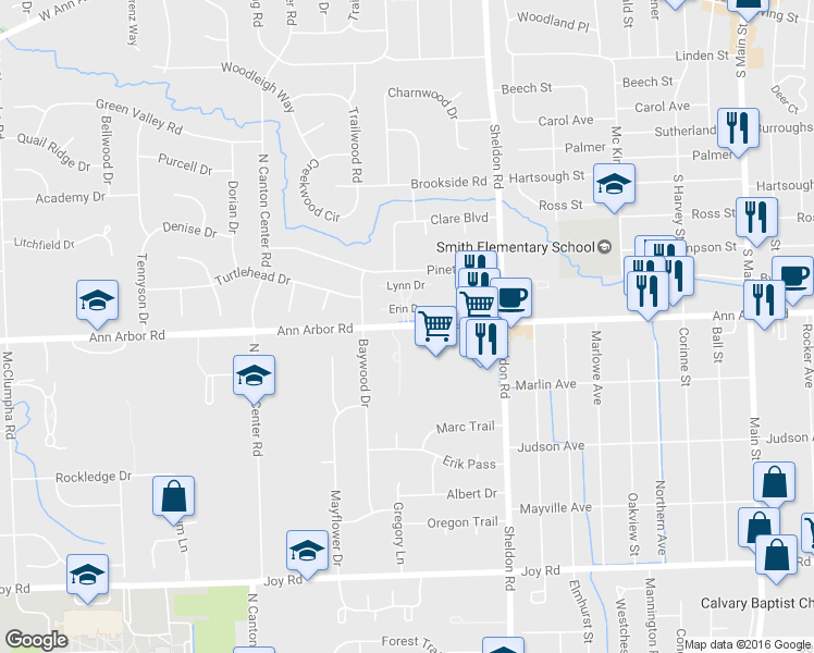 map of restaurants, bars, coffee shops, grocery stores, and more near 44841 Ann Arbor Rd in Plymouth Township