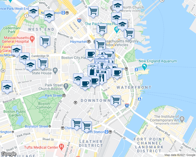 map of restaurants, bars, coffee shops, grocery stores, and more near 48 State Street in Boston