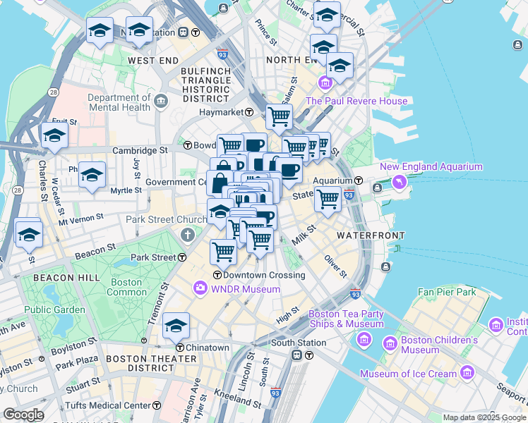 map of restaurants, bars, coffee shops, grocery stores, and more near in Boston
